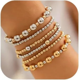 Gold Beaded Bracelets for Women Pearl Beaded Bracelets Silver Stackable Strand Stretch Bead Ball Bracelet Jewelry