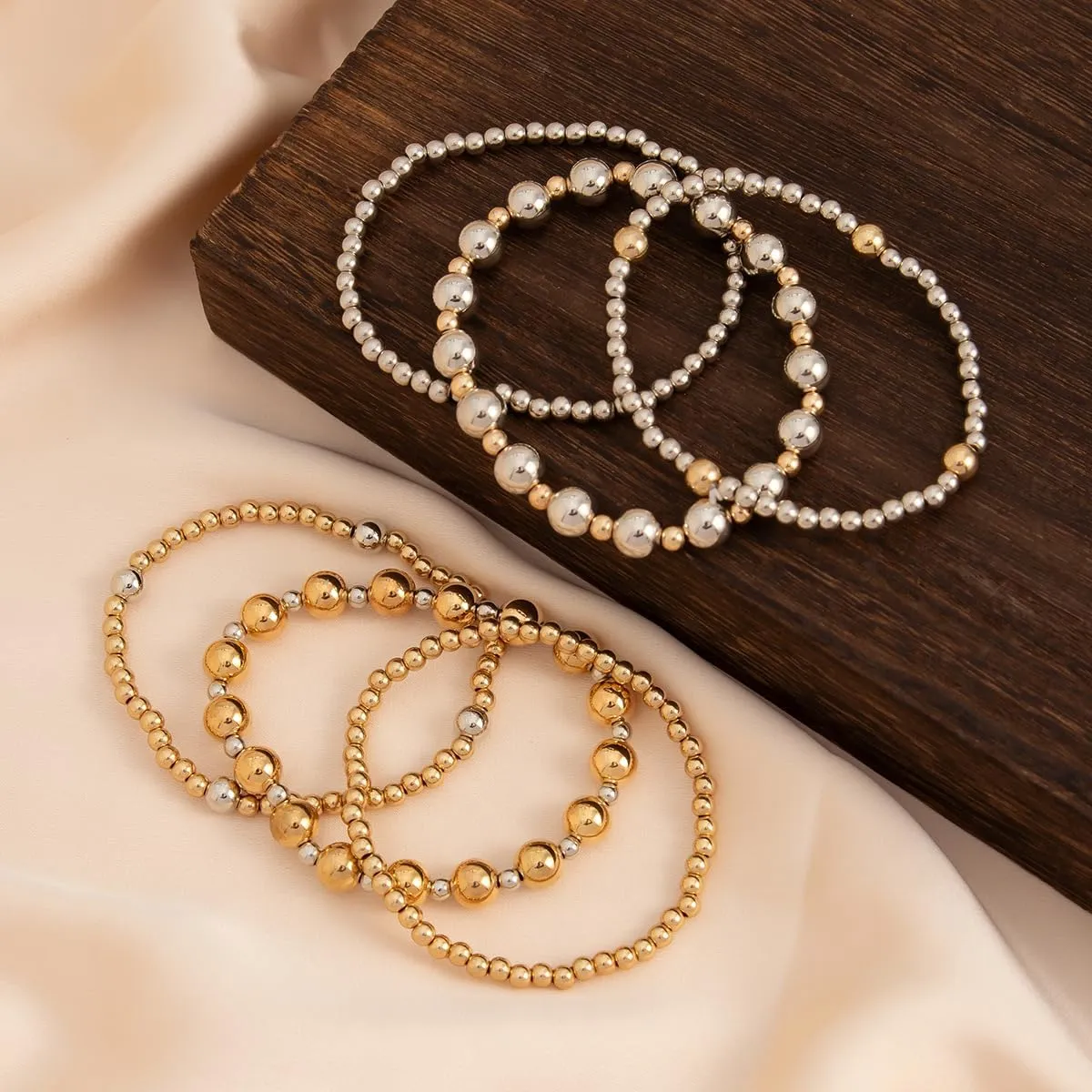 Gold Beaded Bracelets for Women Pearl Beaded Bracelets Silver Stackable Strand Stretch Bead Ball Bracelet Jewelry