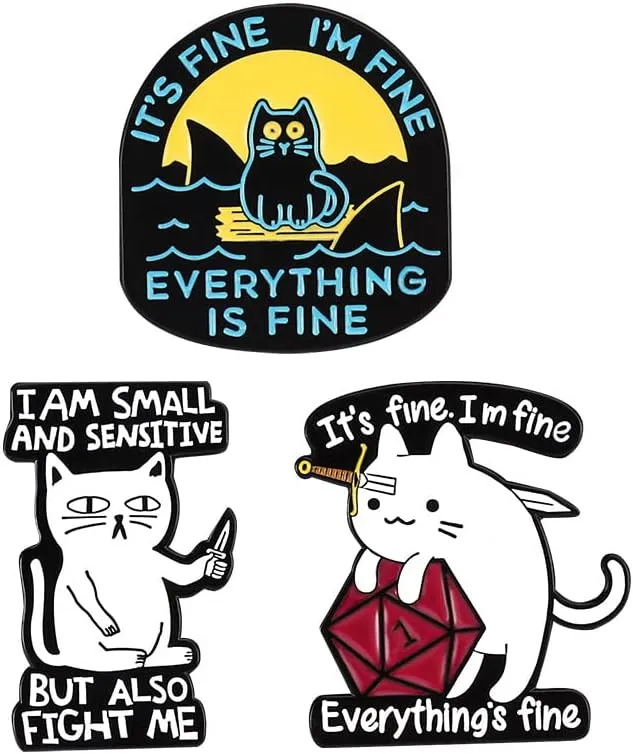 It's Fine I'm Fine Everything is Fine Funny Cat Enamel Lapel Pin Cat Surrounded by sharks brooches badges for backpacks