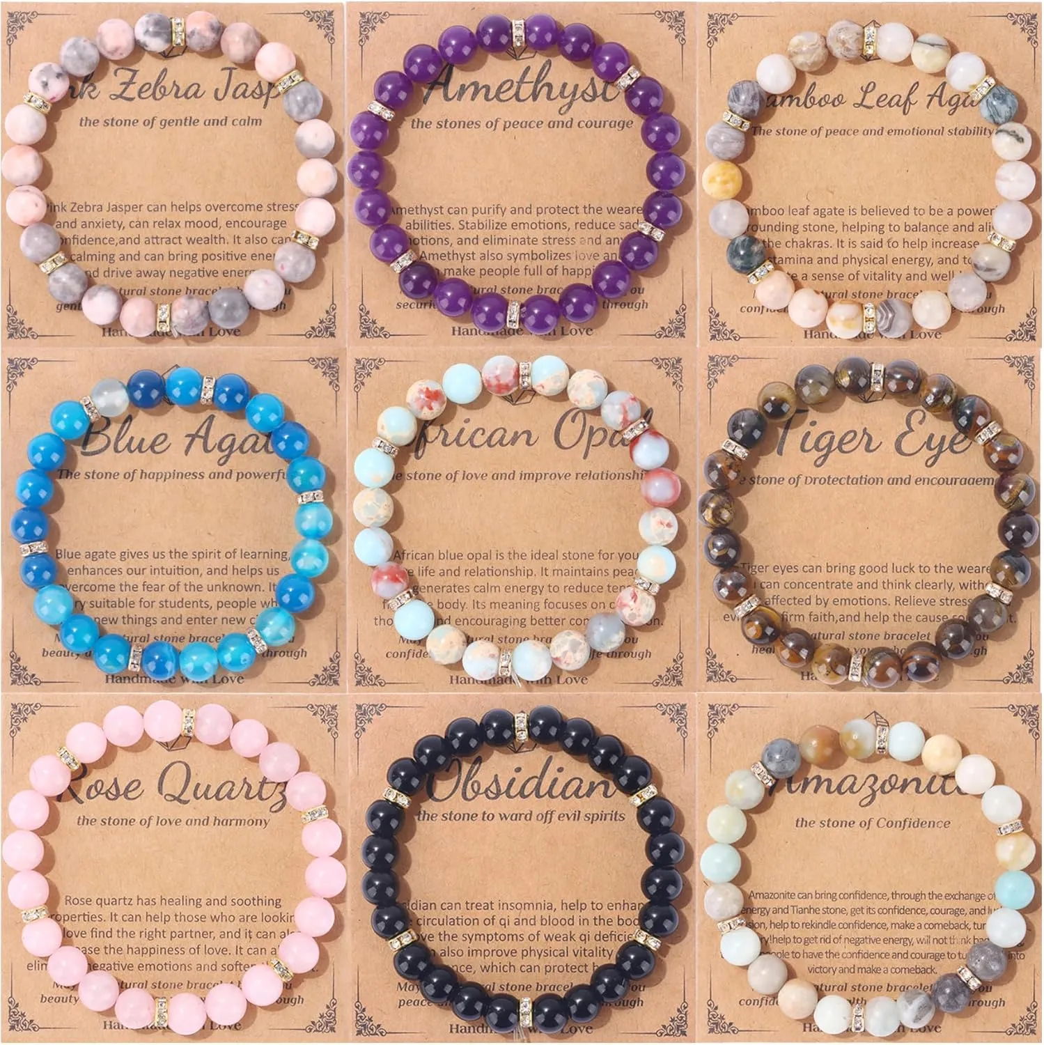 MOZAKA 9PCS Natural Crystal Bracelets for Women Men - 8mm Semi-Precious Gemstone Beaded Bracelets, Crystal Stretch Round Beads Bracelets Unisex Jewelry Gift