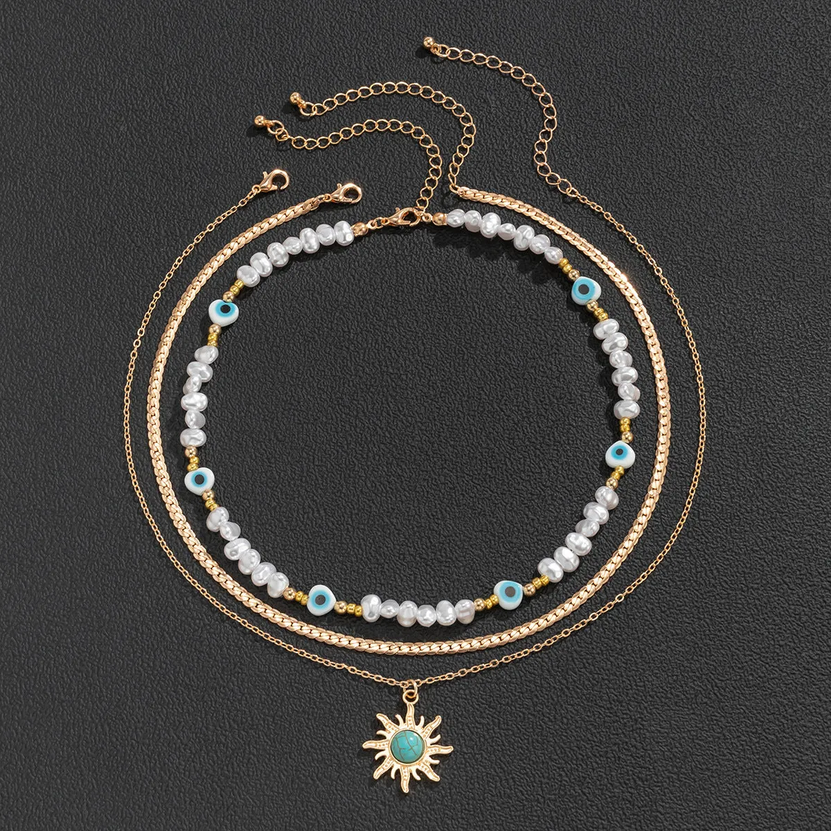 Sisslia Multi-layer Evil-eye Necklace Gold Plated Alloy Pearl Necklace Personality Bohemian Fine Jewelry Necklaces